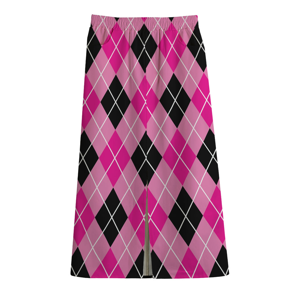Black And Pink Argyle Pattern Print Cotton Front Slit Maxi Skirt