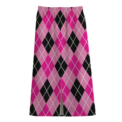 Black And Pink Argyle Pattern Print Cotton Front Slit Maxi Skirt