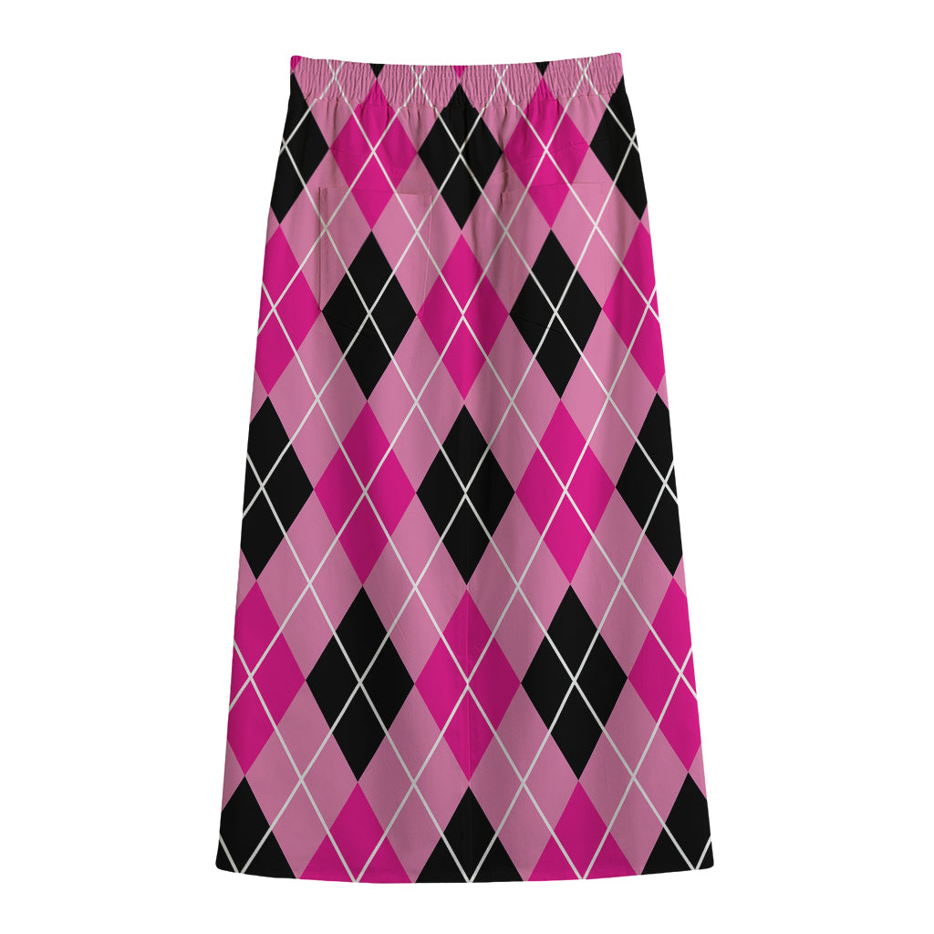 Black And Pink Argyle Pattern Print Cotton Front Slit Maxi Skirt