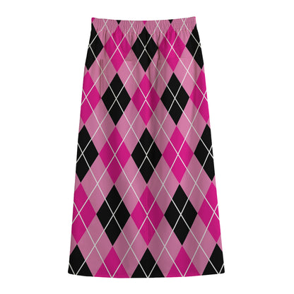 Black And Pink Argyle Pattern Print Cotton Front Slit Maxi Skirt