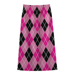 Black And Pink Argyle Pattern Print Cotton Front Slit Maxi Skirt