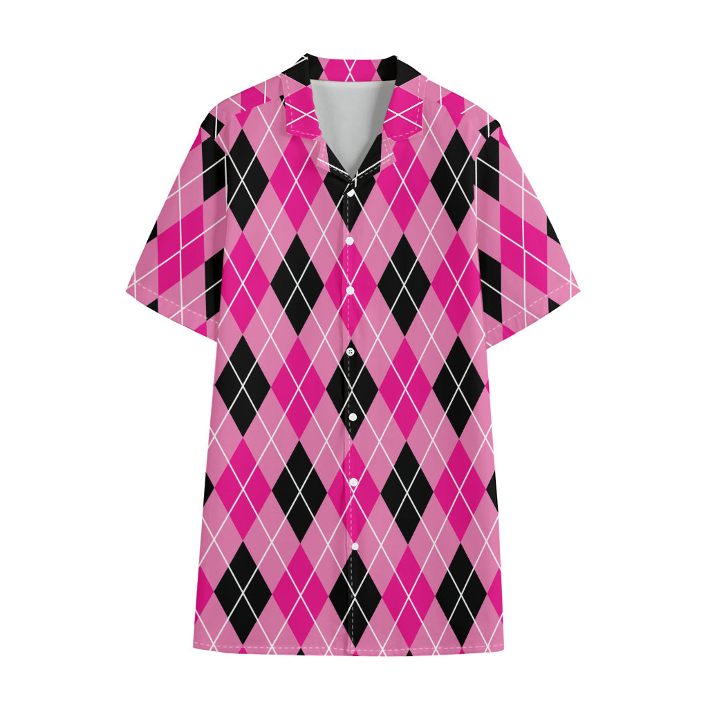 Black And Pink Argyle Pattern Print Cotton Hawaiian Shirt