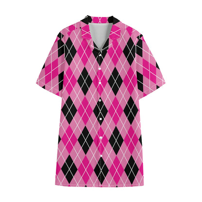 Black And Pink Argyle Pattern Print Cotton Hawaiian Shirt