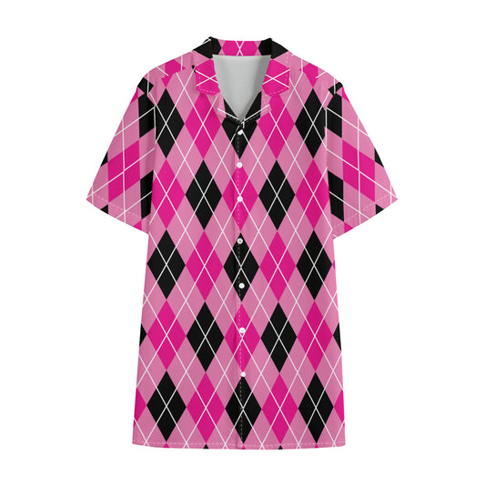 Black And Pink Argyle Pattern Print Cotton Hawaiian Shirt