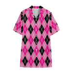 Black And Pink Argyle Pattern Print Cotton Hawaiian Shirt
