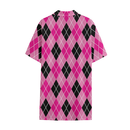 Black And Pink Argyle Pattern Print Cotton Hawaiian Shirt