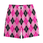 Black And Pink Argyle Pattern Print Cotton Shorts