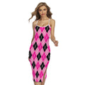 Black And Pink Argyle Pattern Print Cross Back Cami Dress