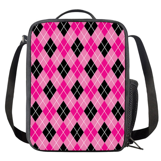 Black And Pink Argyle Pattern Print Crossbody Lunch Bag