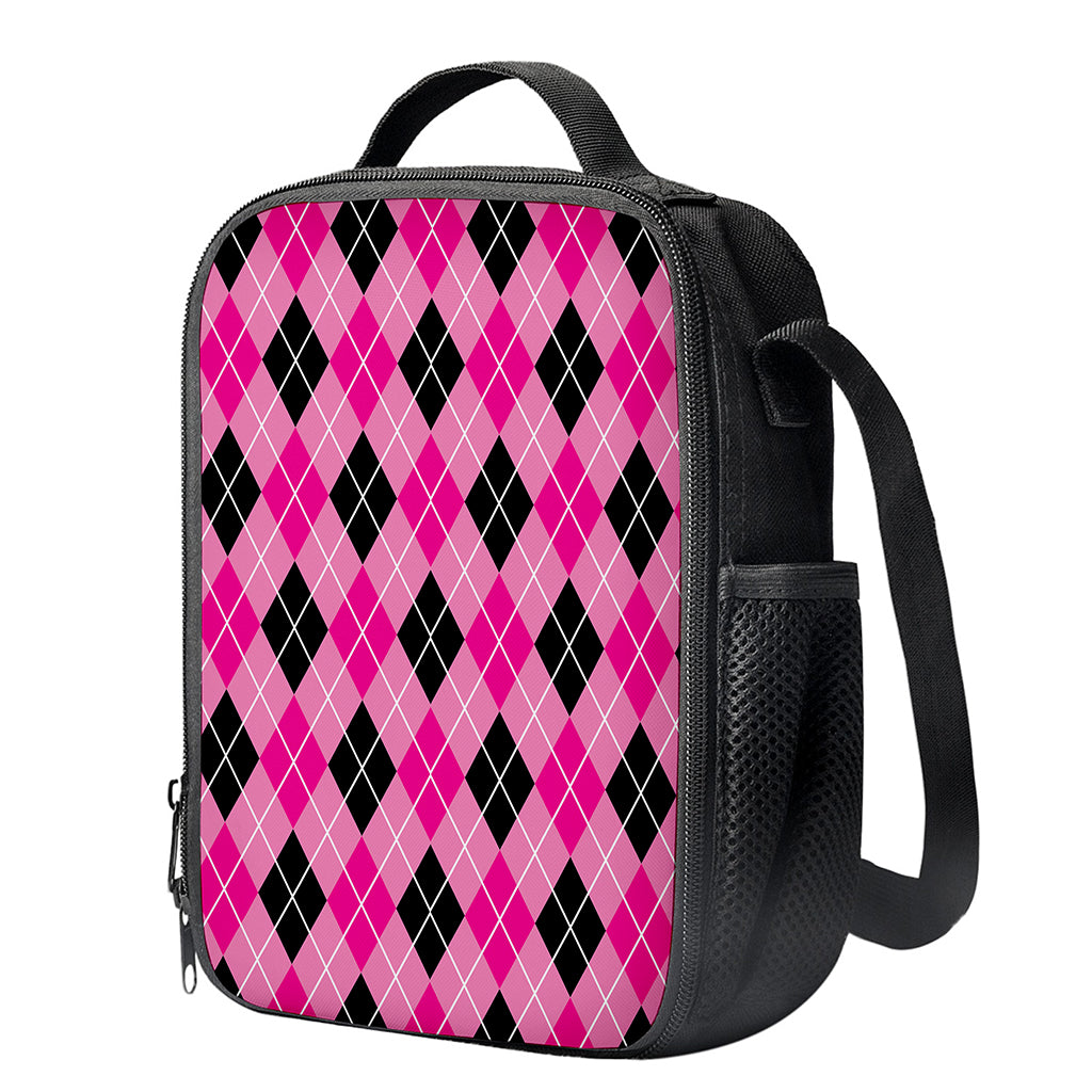Black And Pink Argyle Pattern Print Crossbody Lunch Bag