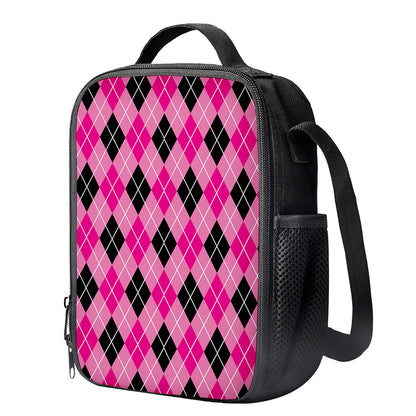Black And Pink Argyle Pattern Print Crossbody Lunch Bag
