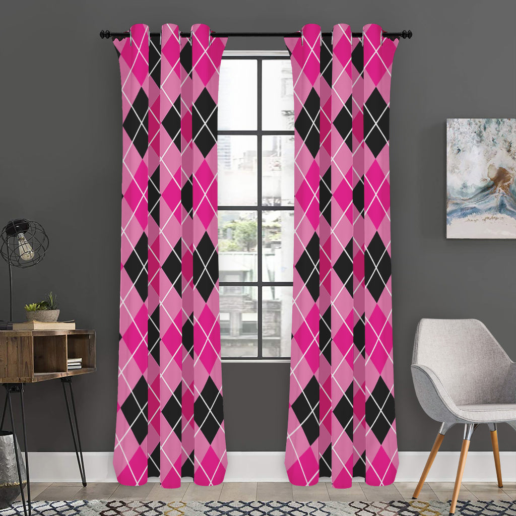 Black And Pink Argyle Pattern Print Curtain