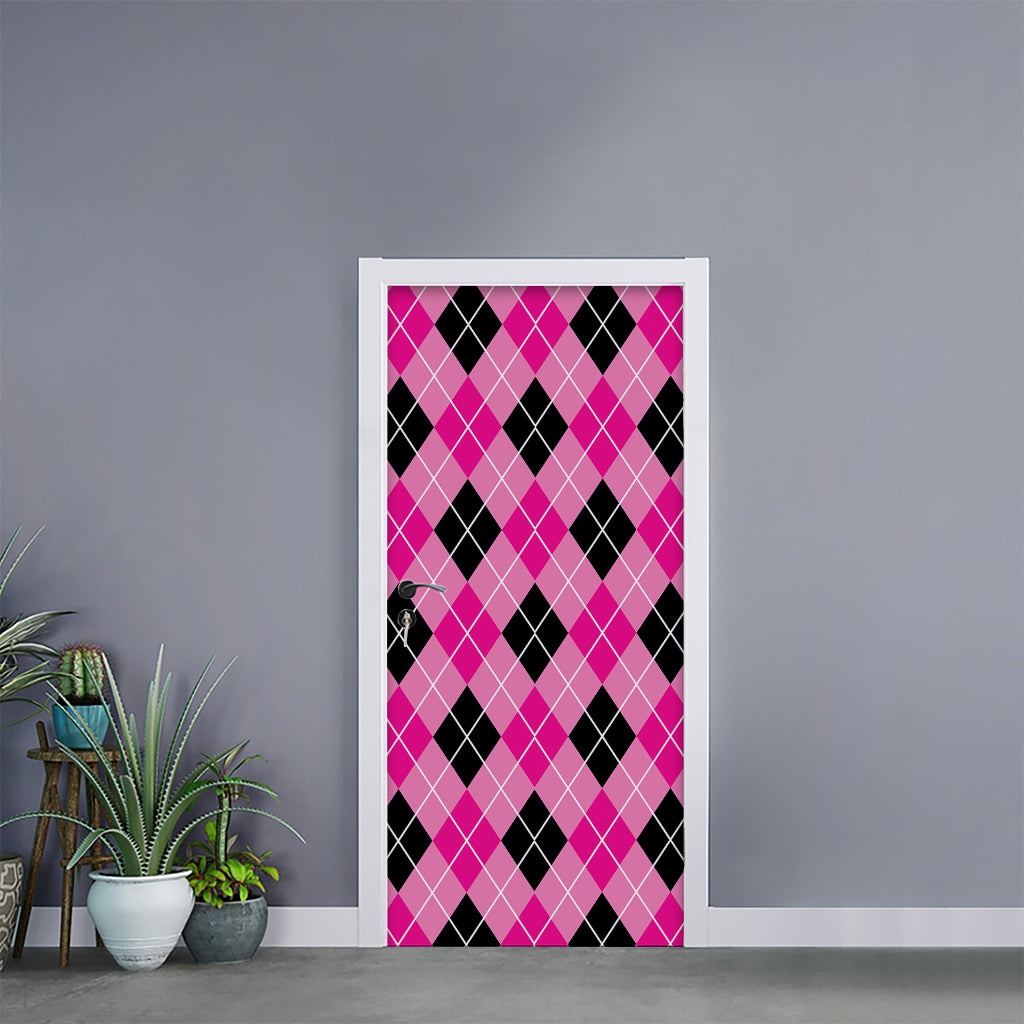 Black And Pink Argyle Pattern Print Door Sticker