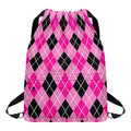 Black And Pink Argyle Pattern Print Drawstring Backpack