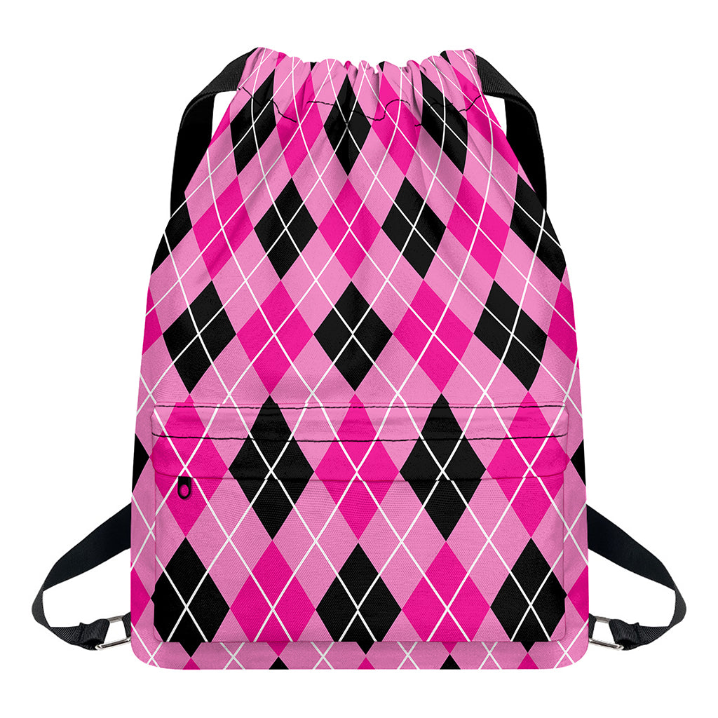 Black And Pink Argyle Pattern Print Drawstring Backpack