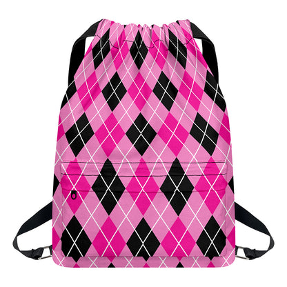 Black And Pink Argyle Pattern Print Drawstring Backpack