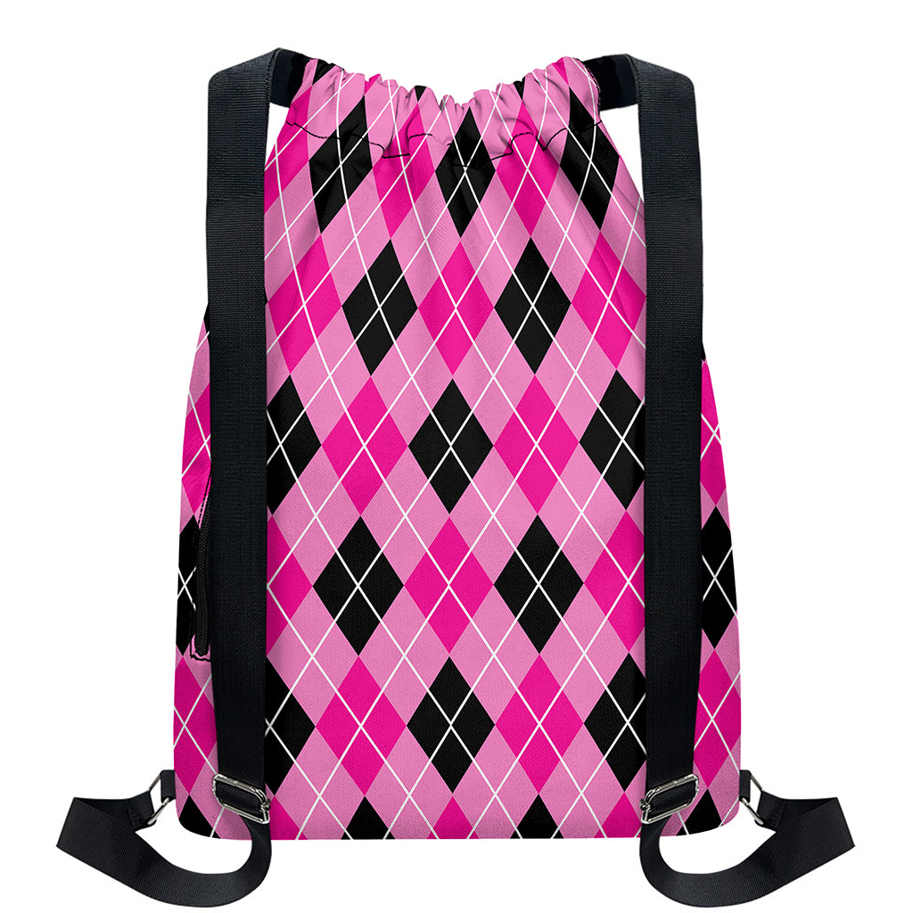 Black And Pink Argyle Pattern Print Drawstring Backpack