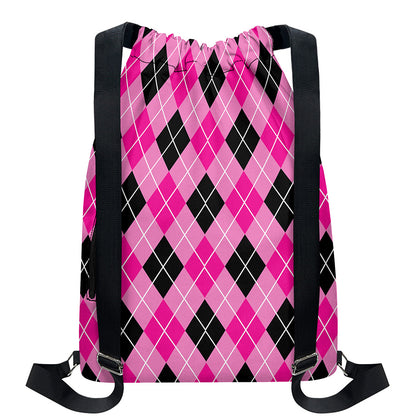 Black And Pink Argyle Pattern Print Drawstring Backpack