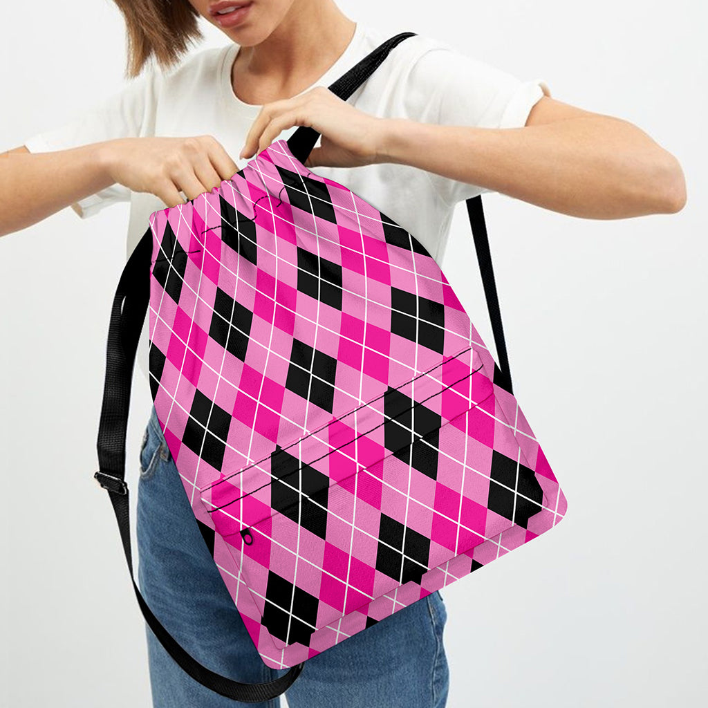 Black And Pink Argyle Pattern Print Drawstring Backpack