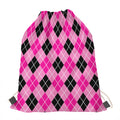Black And Pink Argyle Pattern Print Drawstring Bag