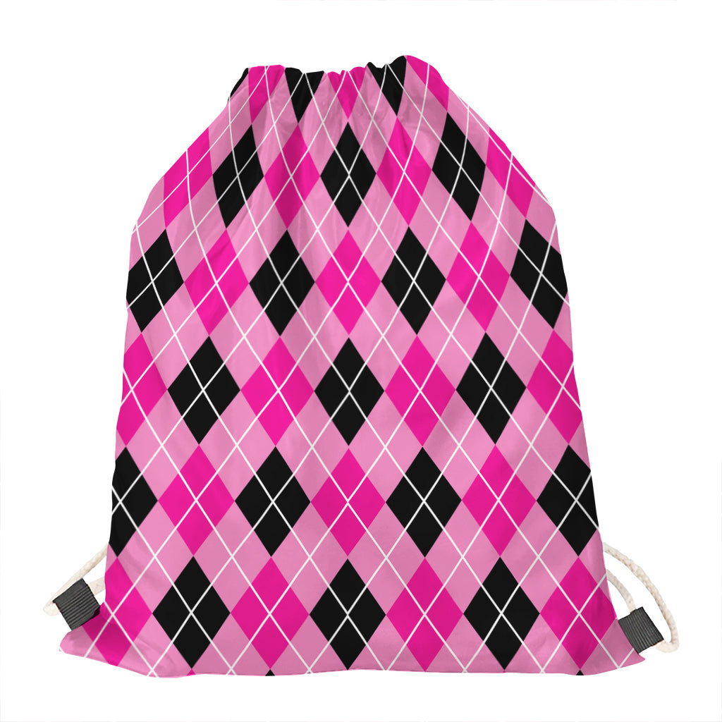 Black And Pink Argyle Pattern Print Drawstring Bag