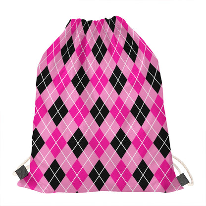 Black And Pink Argyle Pattern Print Drawstring Bag