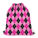 Black And Pink Argyle Pattern Print Drawstring Bag