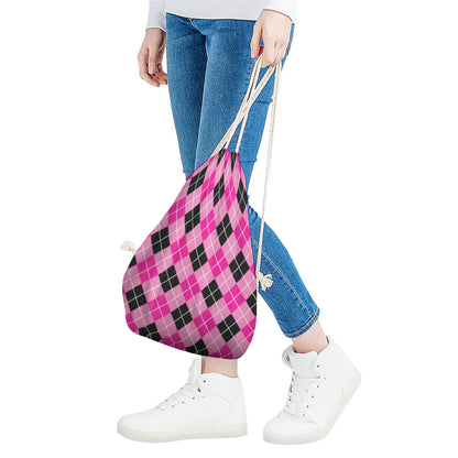 Black And Pink Argyle Pattern Print Drawstring Bag