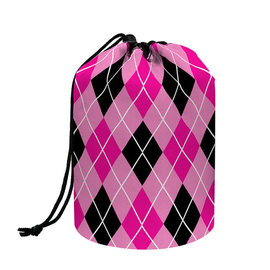 Black And Pink Argyle Pattern Print Drawstring Makeup Bag