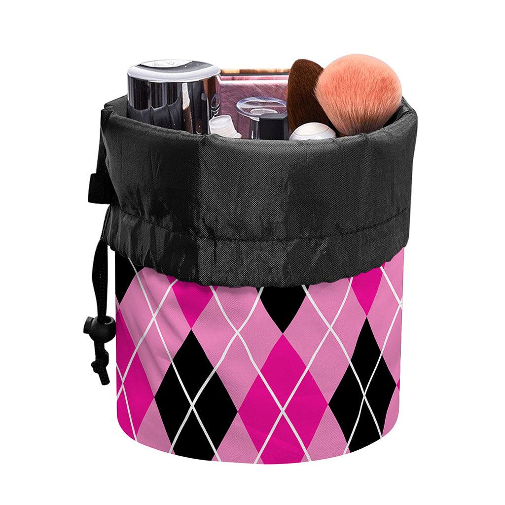 Black And Pink Argyle Pattern Print Drawstring Makeup Bag