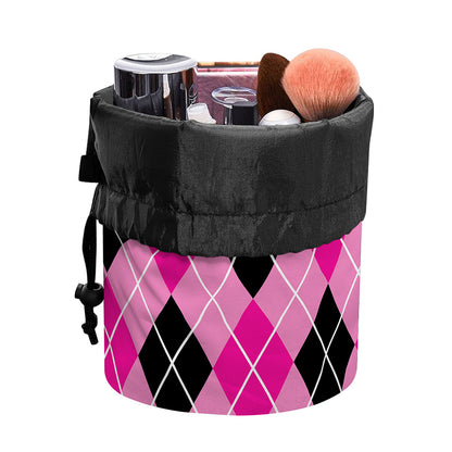 Black And Pink Argyle Pattern Print Drawstring Makeup Bag