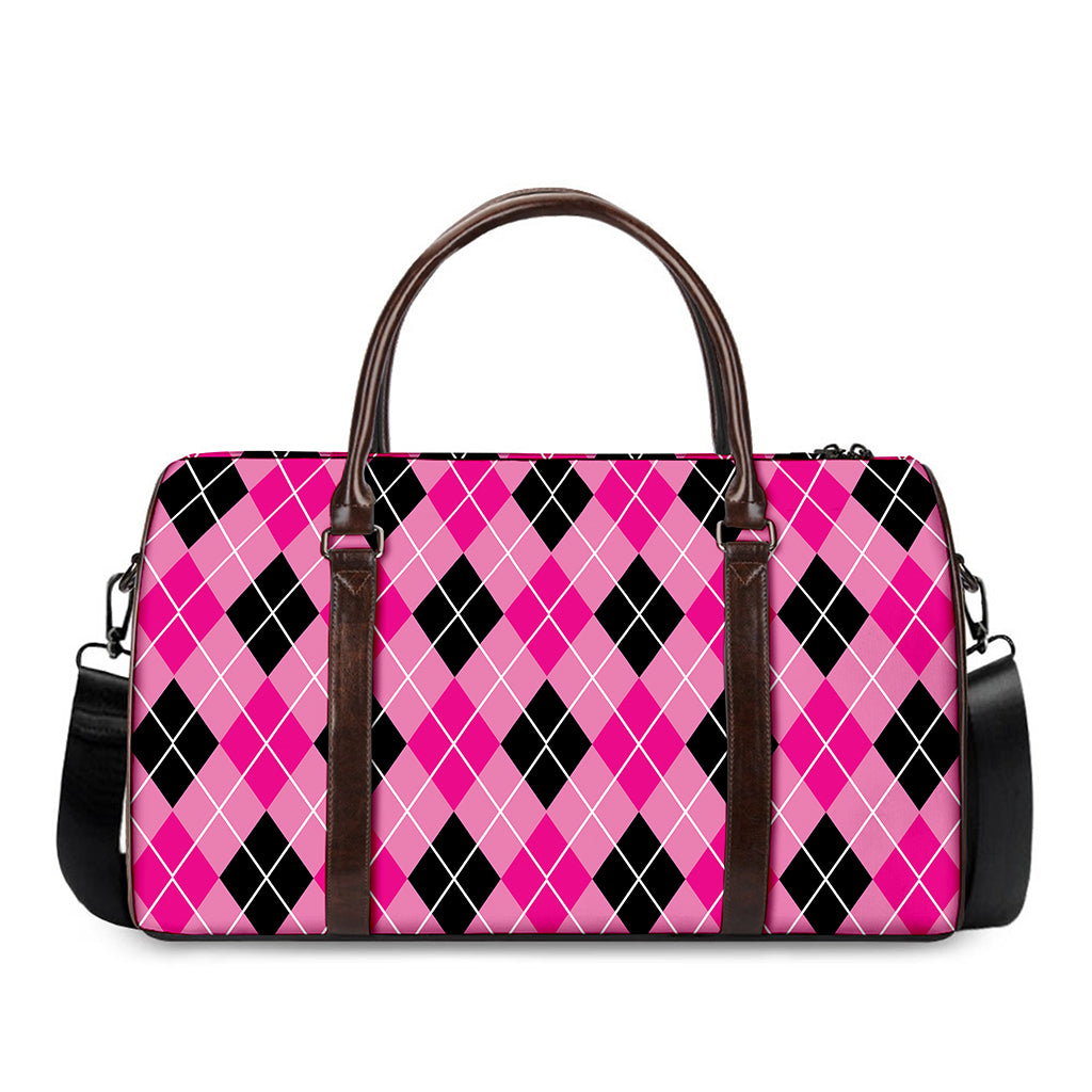 Black And Pink Argyle Pattern Print Duffle Bag
