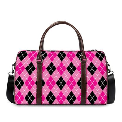 Black And Pink Argyle Pattern Print Duffle Bag