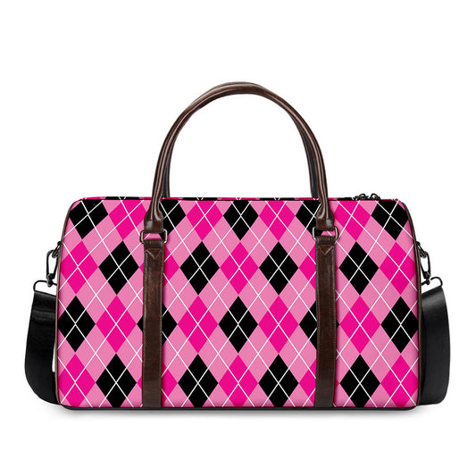 Black And Pink Argyle Pattern Print Duffle Bag