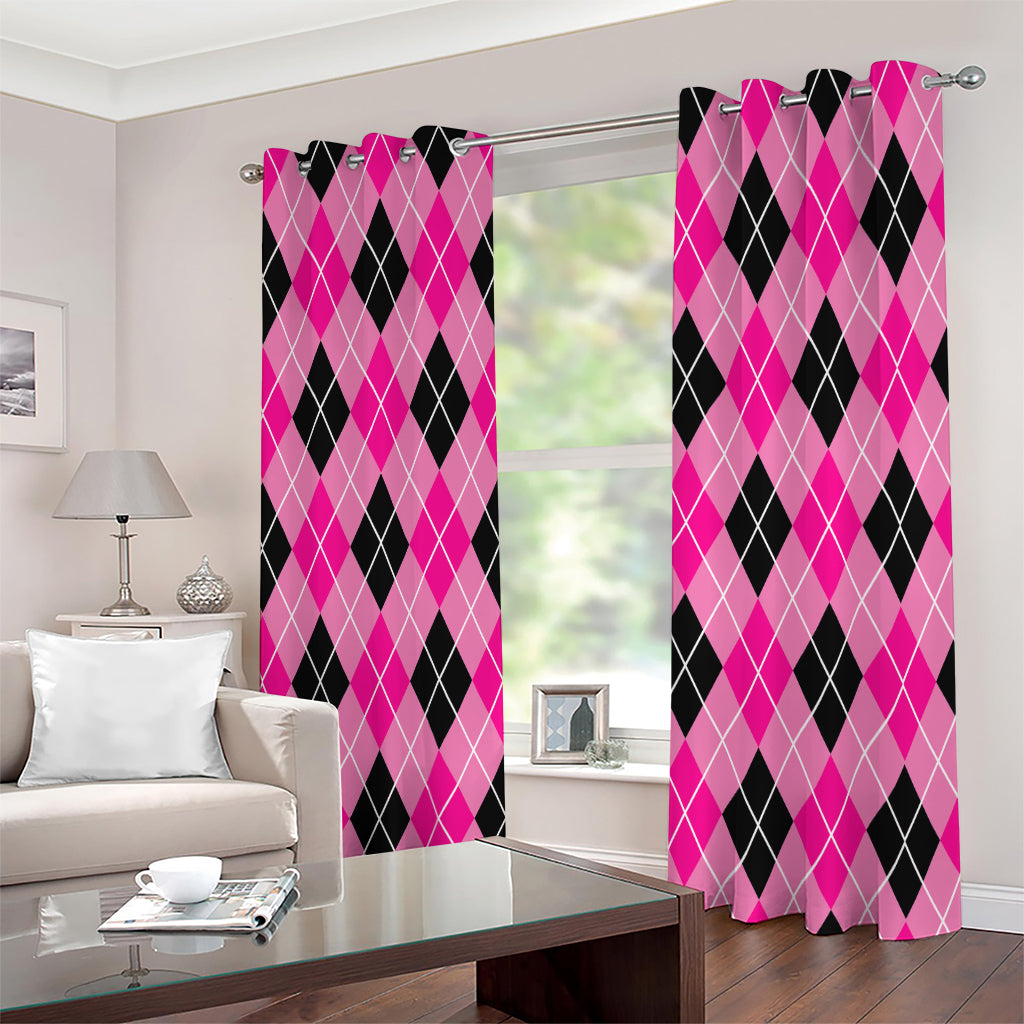 Black And Pink Argyle Pattern Print Extra Wide Grommet Curtains