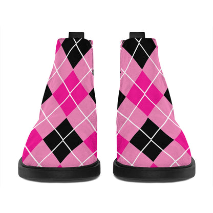 Black And Pink Argyle Pattern Print Flat Ankle Boots