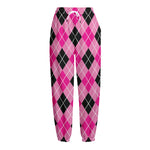 Black And Pink Argyle Pattern Print Fleece Lined Knit Pants