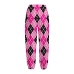 Black And Pink Argyle Pattern Print Fleece Lined Knit Pants