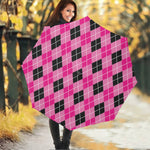 Black And Pink Argyle Pattern Print Foldable Umbrella