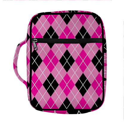 Black And Pink Argyle Pattern Print Front Pocket Bible Bag