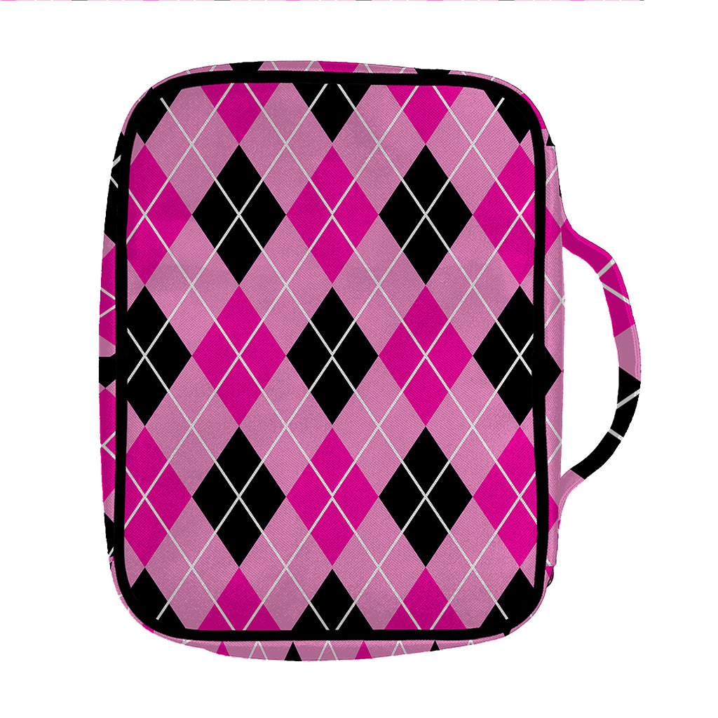 Black And Pink Argyle Pattern Print Front Pocket Bible Bag