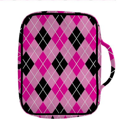 Black And Pink Argyle Pattern Print Front Pocket Bible Bag