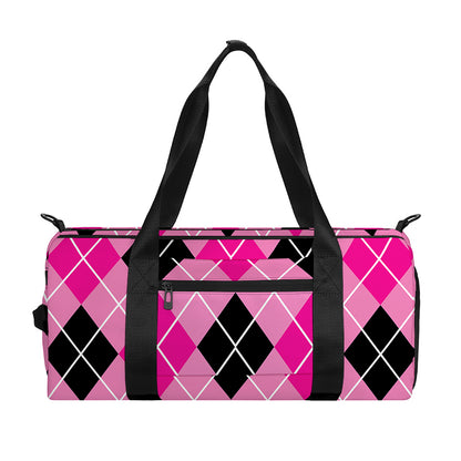Black And Pink Argyle Pattern Print Gym Bag