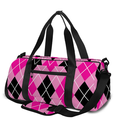 Black And Pink Argyle Pattern Print Gym Bag