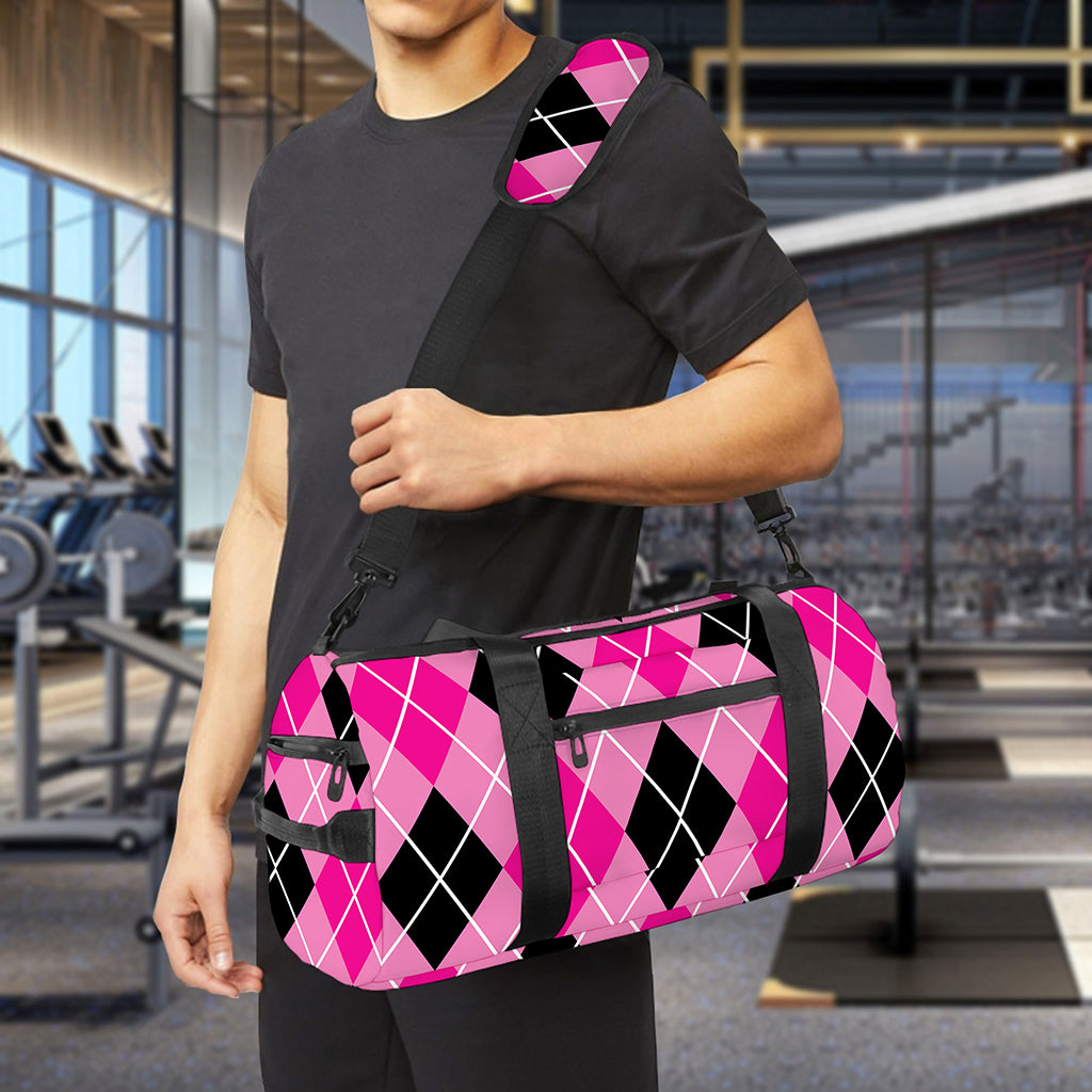 Black And Pink Argyle Pattern Print Gym Bag