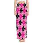 Black And Pink Argyle Pattern Print High Slit Maxi Skirt