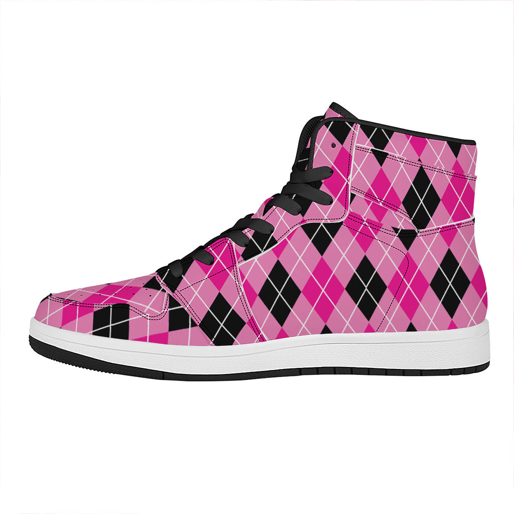 Black And Pink Argyle Pattern Print High Top Leather Sneakers