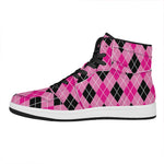 Black And Pink Argyle Pattern Print High Top Leather Sneakers