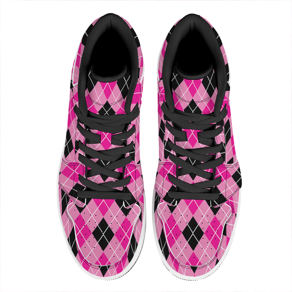 Black And Pink Argyle Pattern Print High Top Leather Sneakers