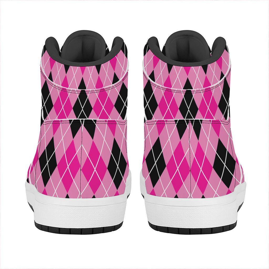 Black And Pink Argyle Pattern Print High Top Leather Sneakers